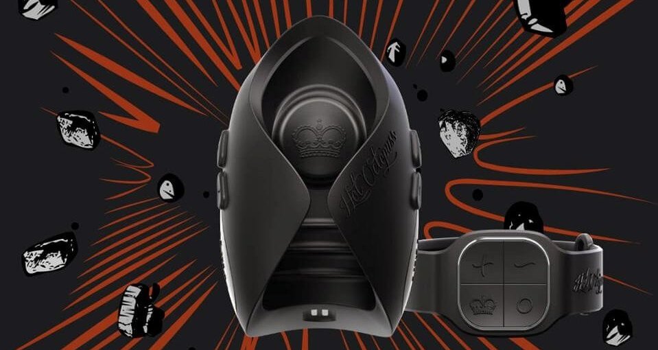 The Pulse Solo, a black and semi-open cyclander-like device, appears next to the face of a four-button remote.