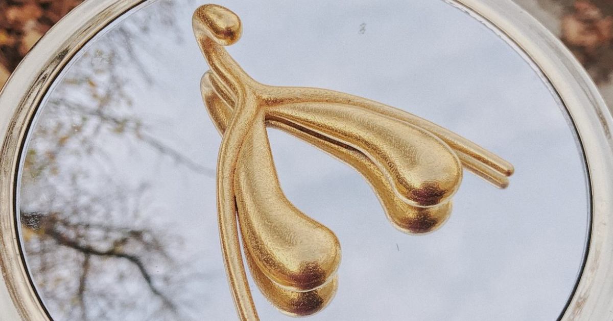 A golden mirror fold clito art with tree branch reflection