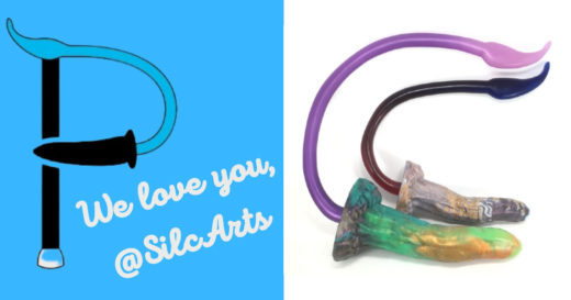Pleasurable logo with text "We love you @SilcArts" next to image of curved sex toy handle used in logo.
