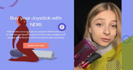 Left: Screenshot of Bump'n Joystick NDIS page. Right: Becky Dann holding a Hot Octopuss Amo vibrator.