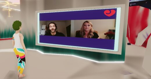 Avatar in Decentraland watches sex education discussion between Dr. Megan Flemming and Zack Zane.
