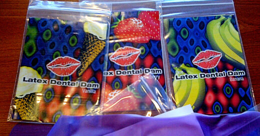 Lates dental dam in vanilla, strawberry, and banana flavour.