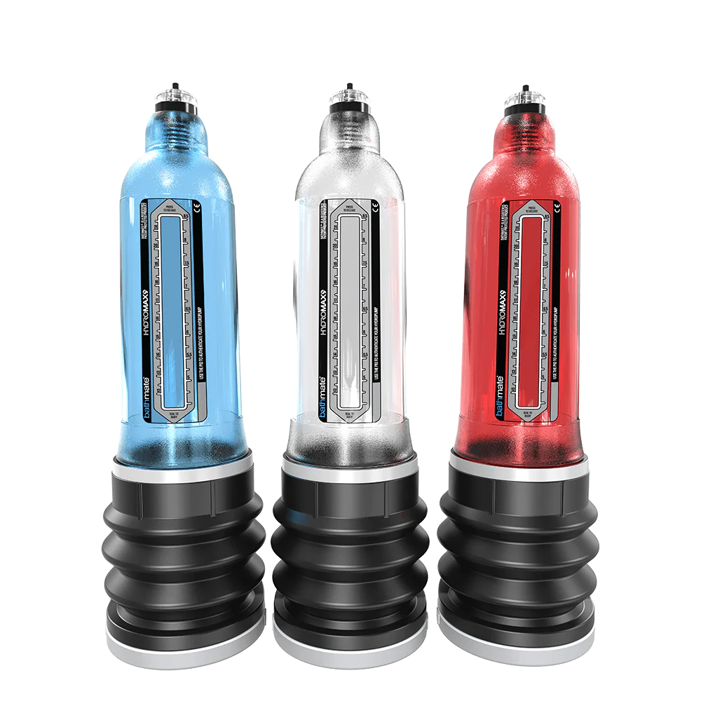 The Bathmate Hydromax 9 range shows three penis pumps, in blue, clear, and red, respectively.