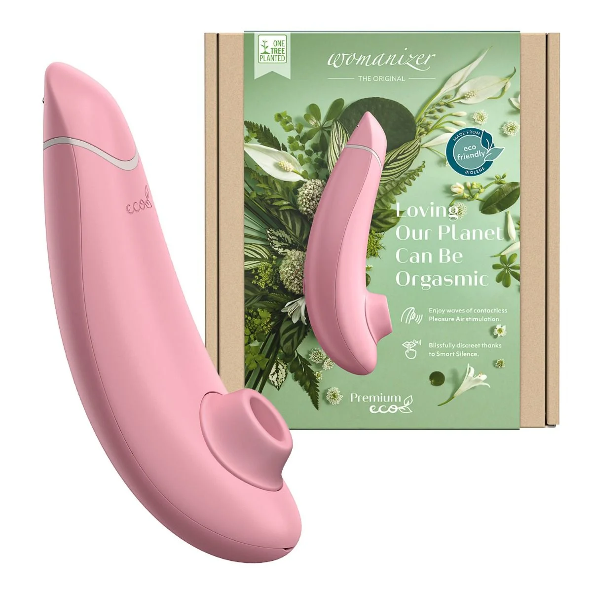 Womanizer Premium ECO friendly sex toy in pink with packaging