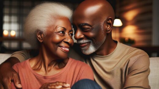 A Black senior couple on a date night, intimately looking directly into each other's eyes while sitting on a couch. Their warm smiles reflect a deep connection and affection, capturing a moment of genuine intimacy and love.